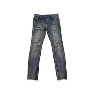 Mnml La M1Mens Blue Denim Jeans Distressed Tapered Ankle Zip Ripped 34Wx43L